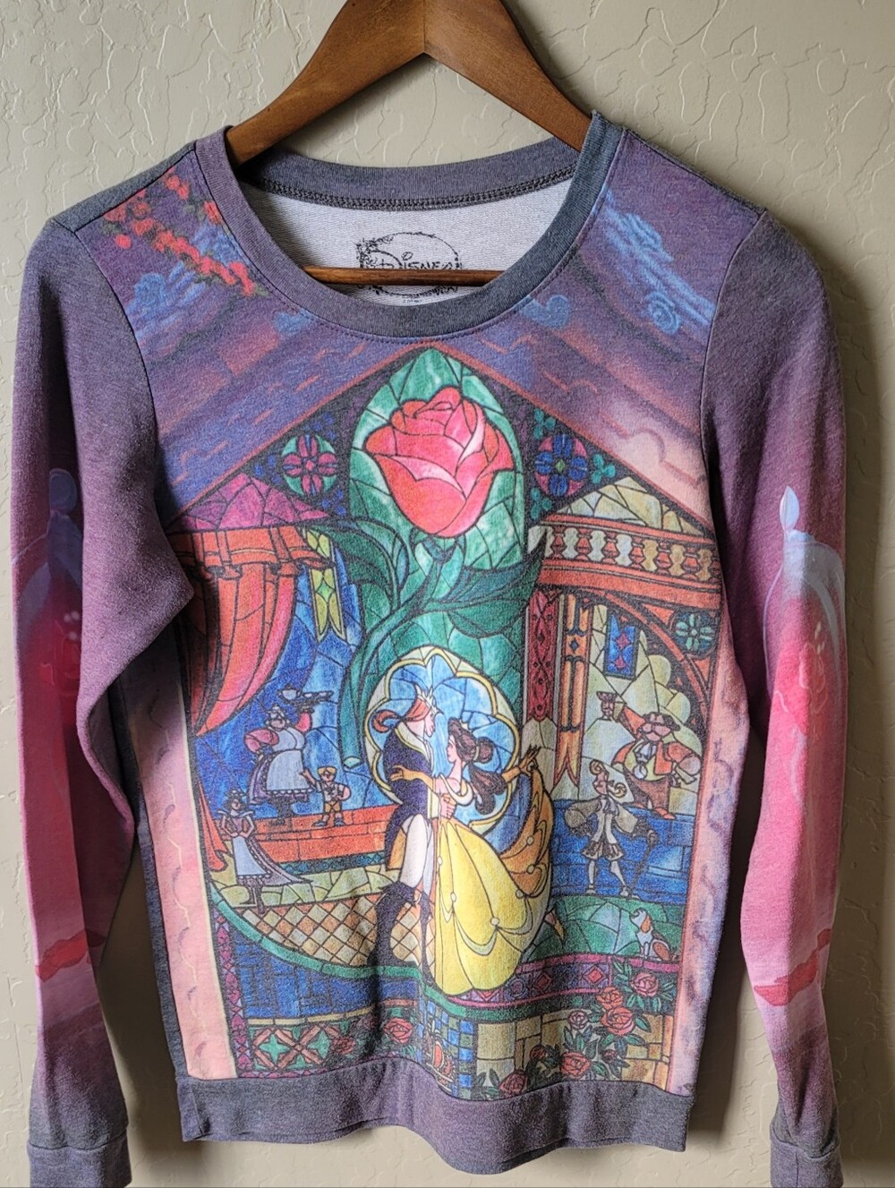 Disney Beauty & The Beast Stained Glass Lightweight Fleece Sweater Womens XS